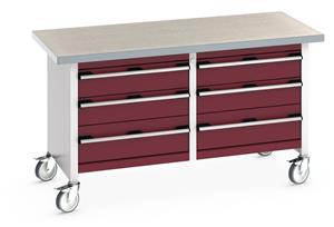 41002108.** Bott Cubio Mobile Storage Workbench 1500mm wide x 750mm Deep x 840mm high supplied with a Linoleum worktop (particle board core with grey linoleum surface and plastic edgebanding) and 6 drawers (4 x 150mm high and 2 x 200mm high)....